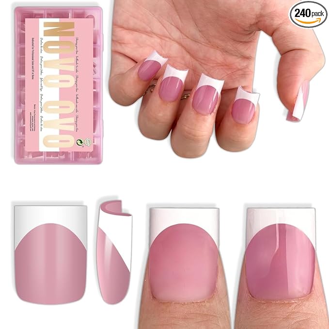 Short Sharp Square Nail Tips White French Tip BERRY PINK