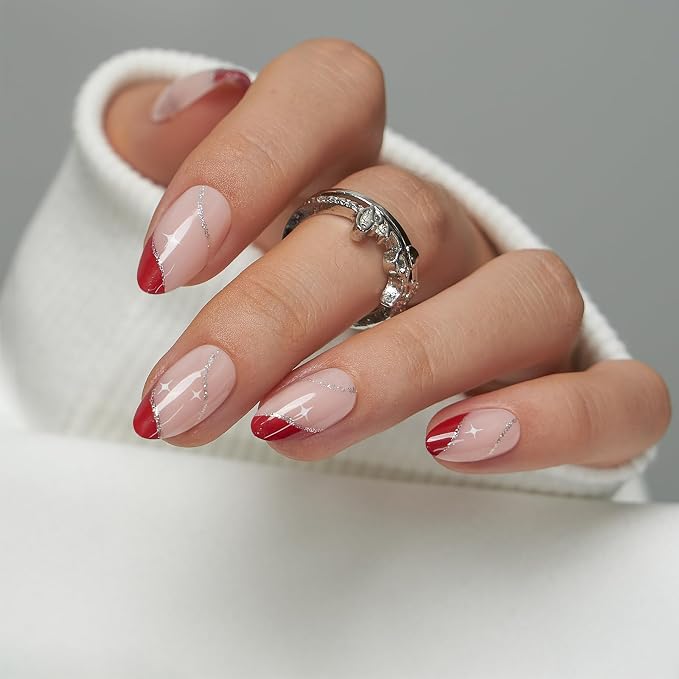 E9 - Red Matte French Nails with Glitter Stripes