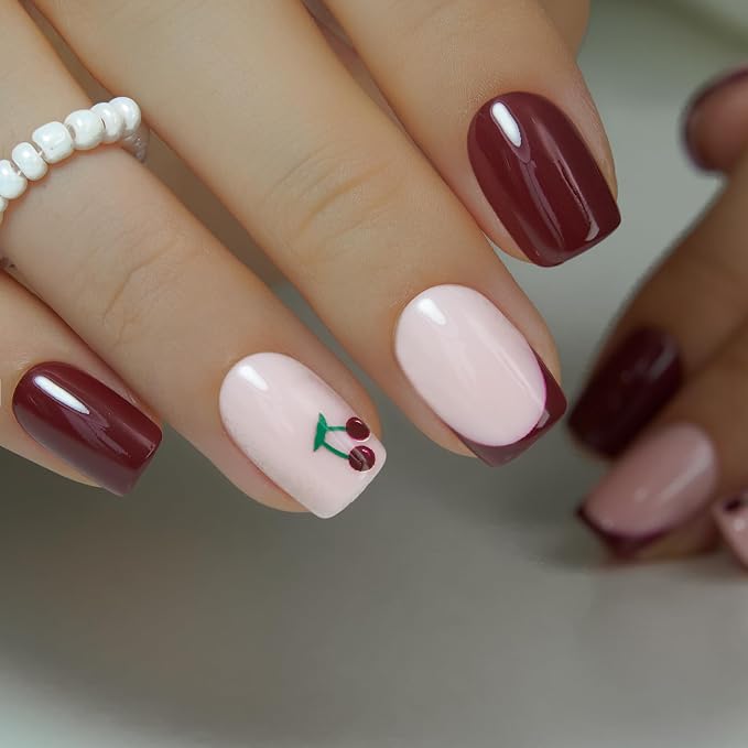 Cherry Accent Solid French Manicure