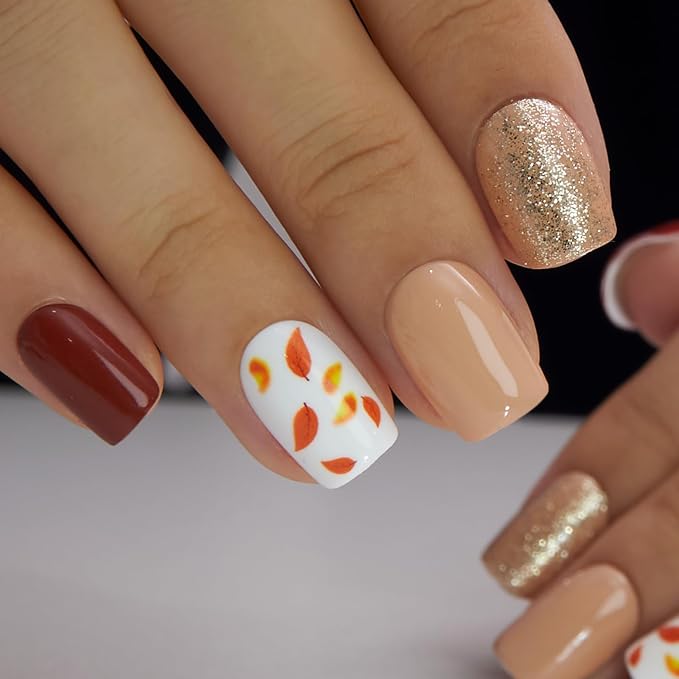 Autumn-Inspired Brown Nails with Glitter and Leaf Design