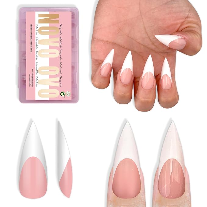 Medium or Long White French Tip Sharp Stiletto Nail Tips Baby Pink
