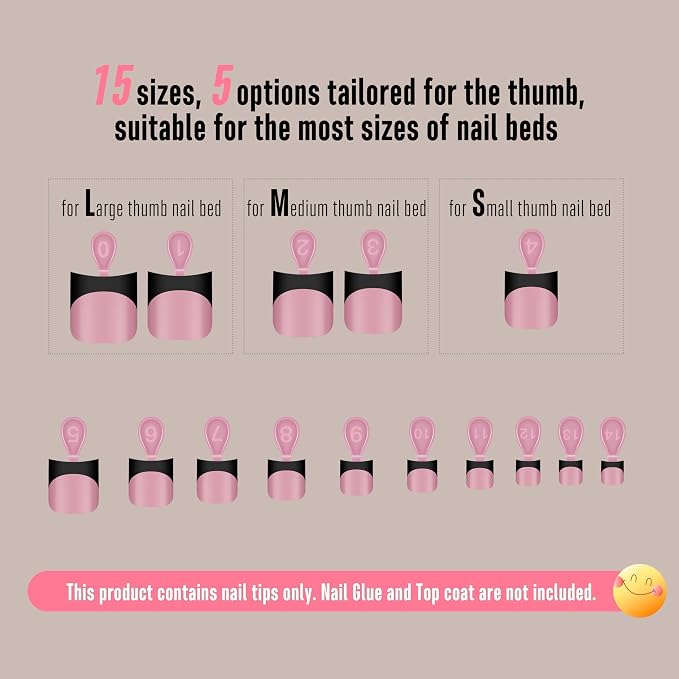 Short Sharp Square Toe Nail Tips with Moon Curve Black French Tip Berry Pink