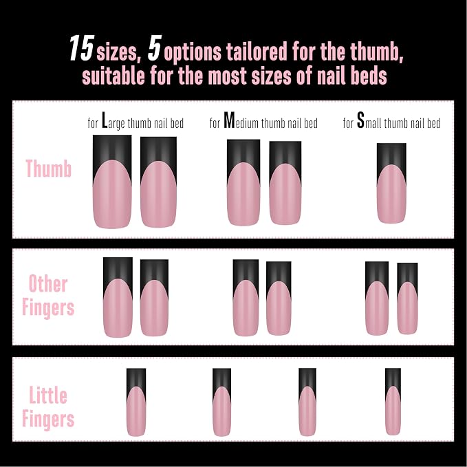 Long Sharp Square Black French Tip Nail Tips Berry Pink 180