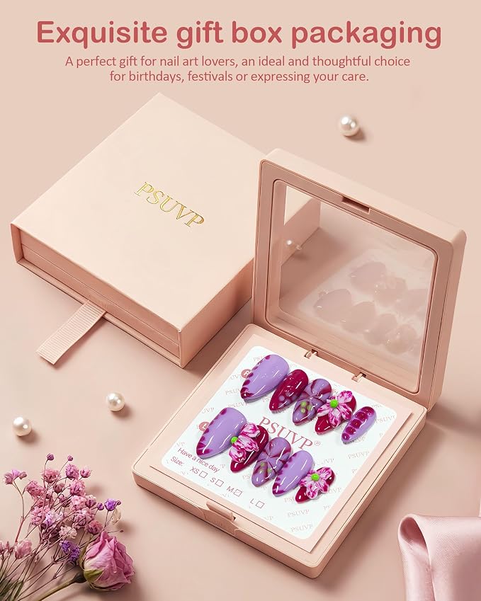 3D Pink flowers + Shell filigree Press On Nails