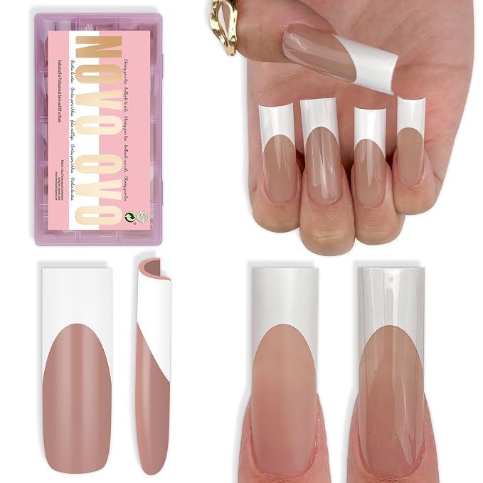Long Sharp Square White French Tip Naili Tips Brown Pink 180