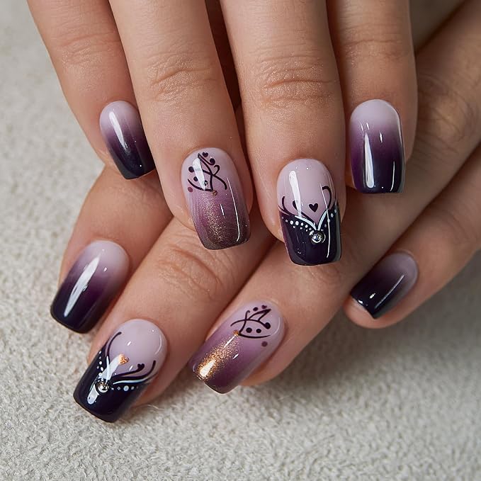 Romantic Purple Ombre with Rhinestones & Mini Black Hearts