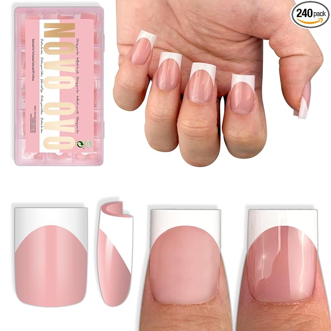 Short Sharp Square Nail Tips White French Tip BABY PINK