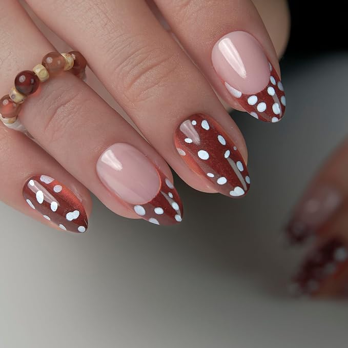Brown French Nails with Polka Dots