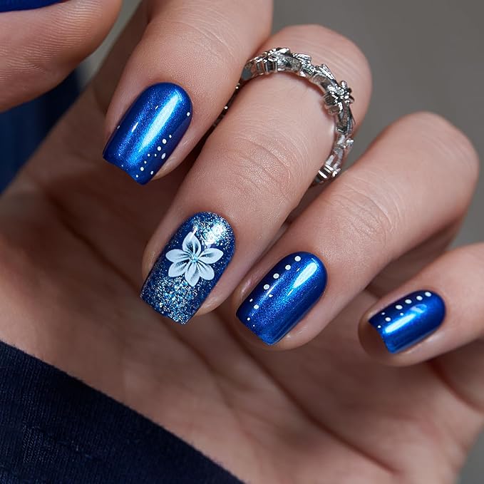 Blue Nails with White Flowers
