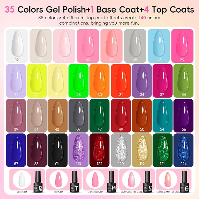 35Pcs Neon Colors+ 5Pcs Top Base Coat