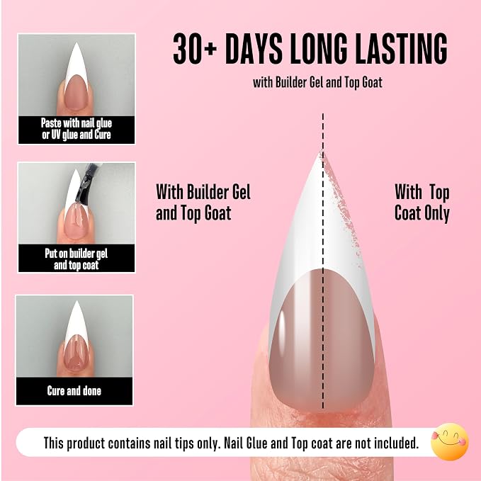 Medium or Long White French Tip Sharp Stiletto Nail Tips Brown Pink