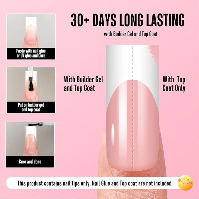 Long Sharp Square White French Tip Nail Tips Baby Pink 180