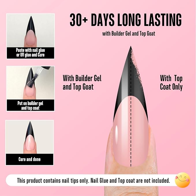 Long XL Sharp Stiletto Black French Tip Nail Tips Baby Pink