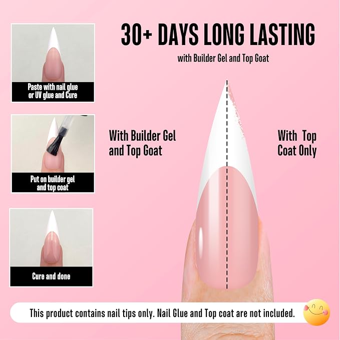 Long XL Sharp Stiletto White French Tip Nail Tips Baby Pink