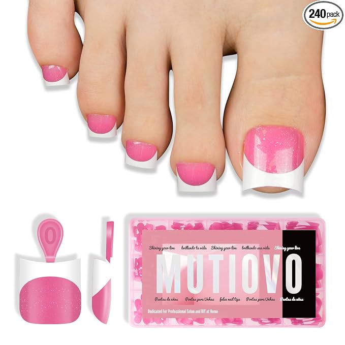 MUTIOVO Short Toe Nail White French Tip ROSE PINK with Moon Curve