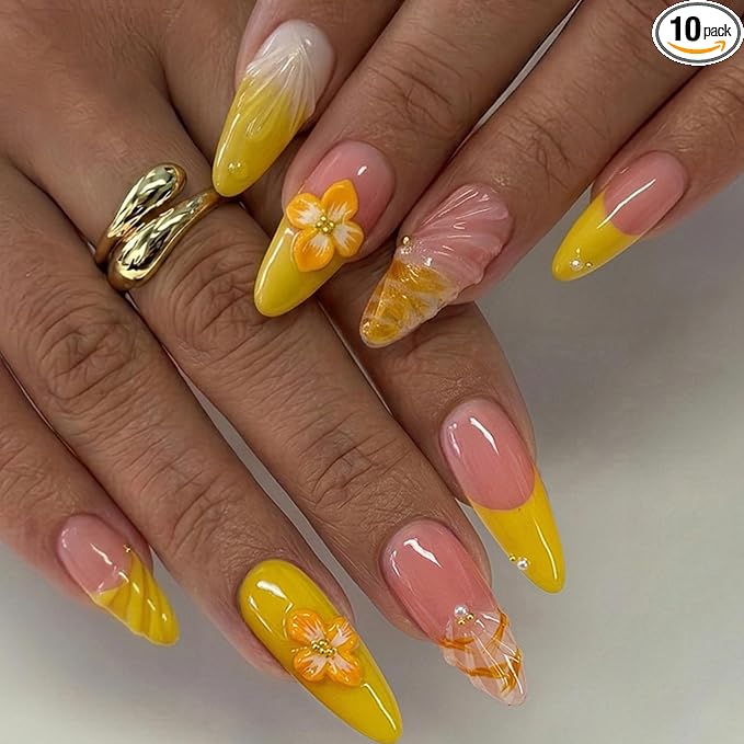 3D orange and yellow flowers Sunset Bloom French Tip Press On Nails
