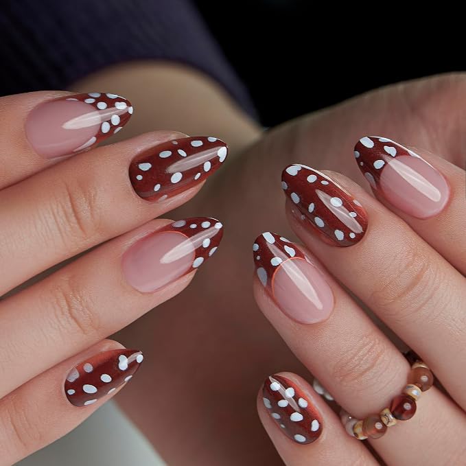Brown French Nails with Polka Dots