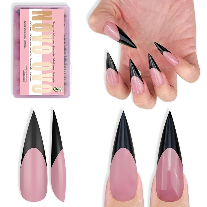 Long XL Sharp Stiletto Black French Tip Nail Tips Berry Pink