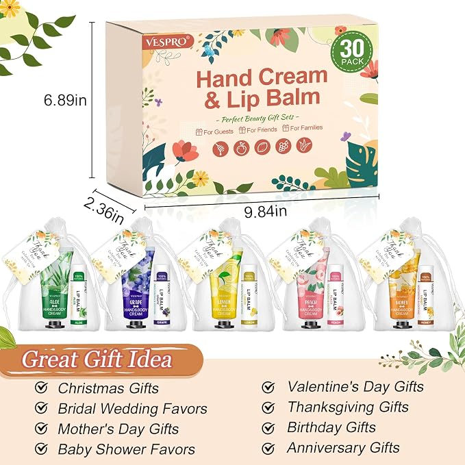 30 Sets Hand Cream and Lip Balm Gifts