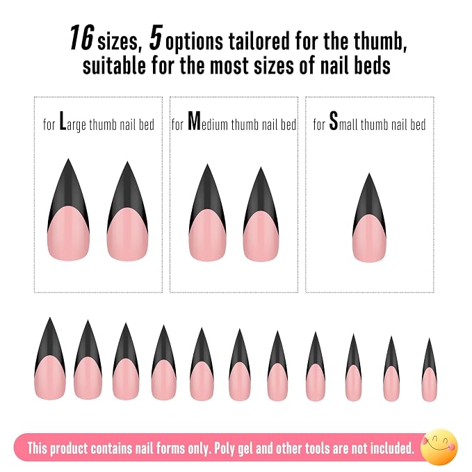 Long XL Sharp Stiletto Black French Tip Nail Tips Baby Pink