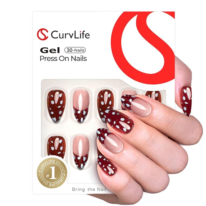 Brown French Nails with Polka Dots