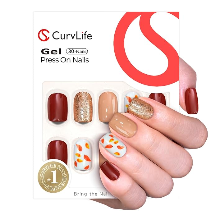 Autumn-Inspired Brown Nails with Glitter and Leaf Design