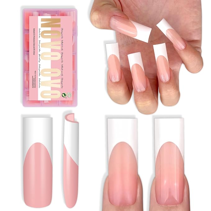 Long Sharp Square White French Tip Nail Tips Baby Pink 180