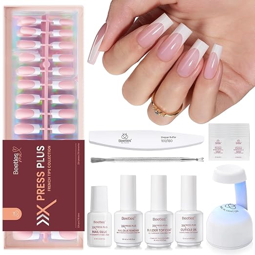 E - Press On Nail Kit | Long Square | Pink French