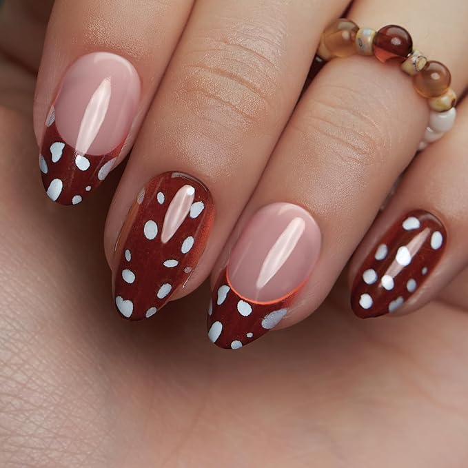 Brown French Nails with Polka Dots
