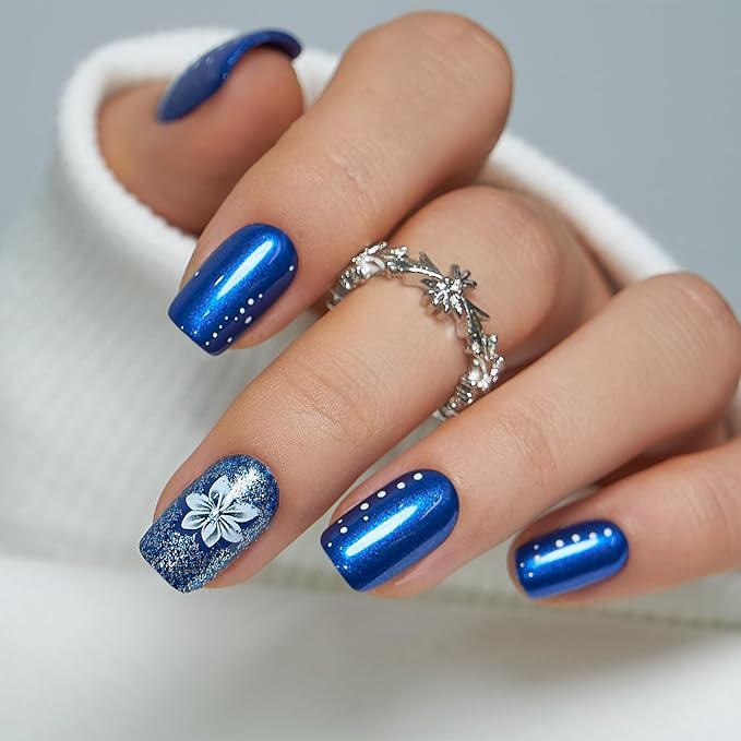 Blue Nails with White Flowers