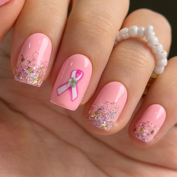 Pink Glitter Nails with Rhinestones
