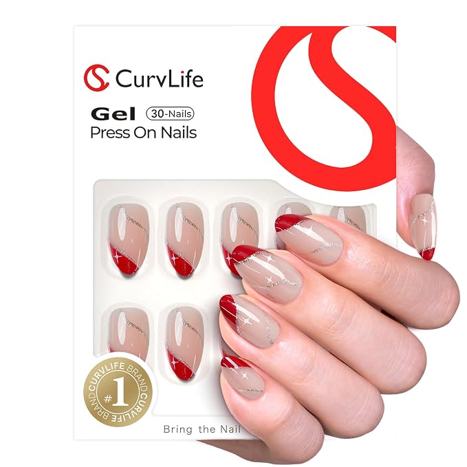 E9 - Red Matte French Nails with Glitter Stripes