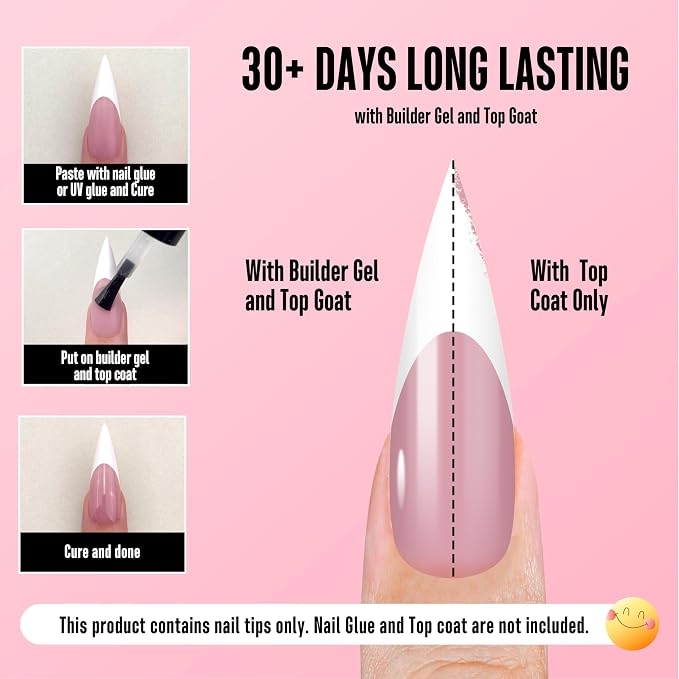 Long XL Sharp Stiletto White French Tip Nail Tips Berry Pink