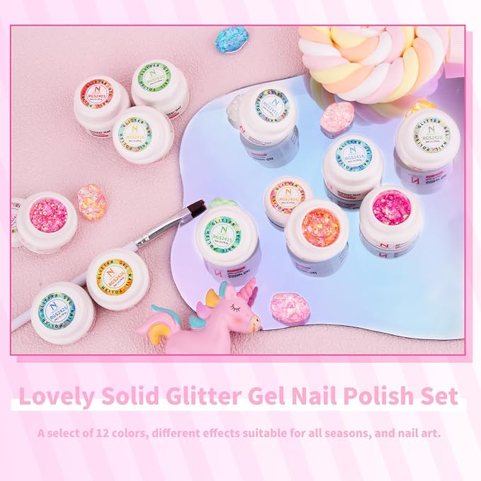 Glitter Solid Gel Nail Polish Set - 12 Colors