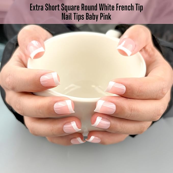 XXS Extra Short Square Round White French Tip BABY PINK