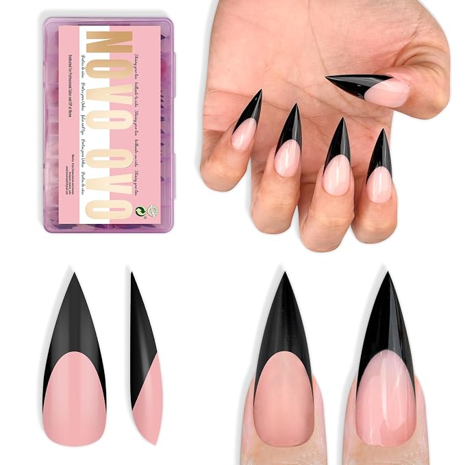 Medium or Long Black French Tip Sharp Stiletto Nail Tips Baby Pink