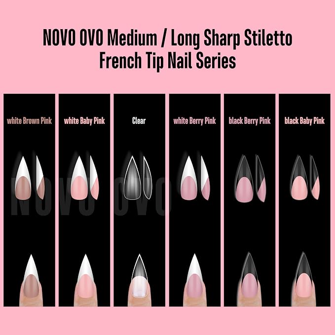 Medium or Long White French Tip Sharp Stiletto Nail Tips Brown Pink