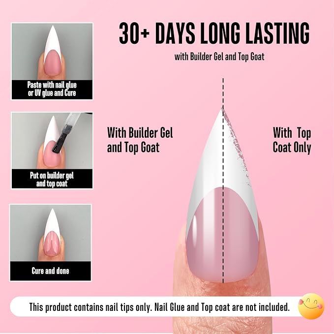 Medium or Long White French Tip Sharp Stiletto Nail Tips Berry Pink