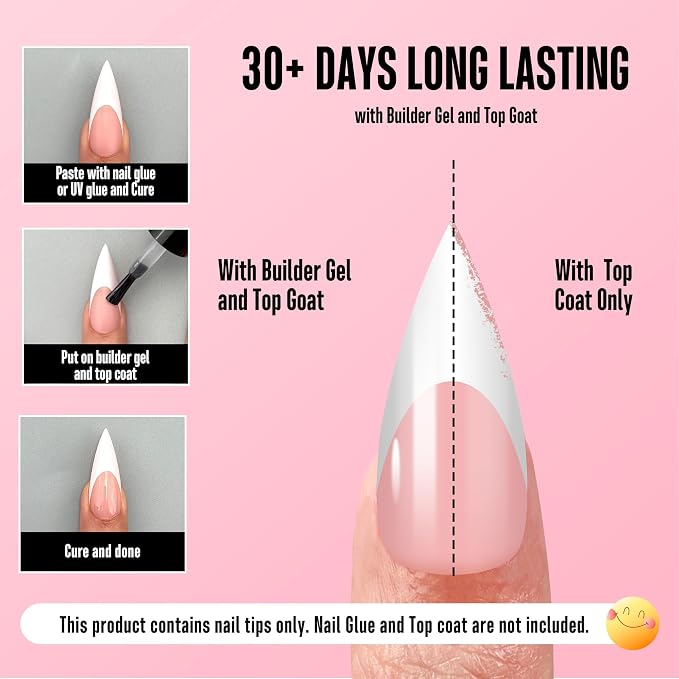 Medium or Long White French Tip Sharp Stiletto Nail Tips Baby Pink