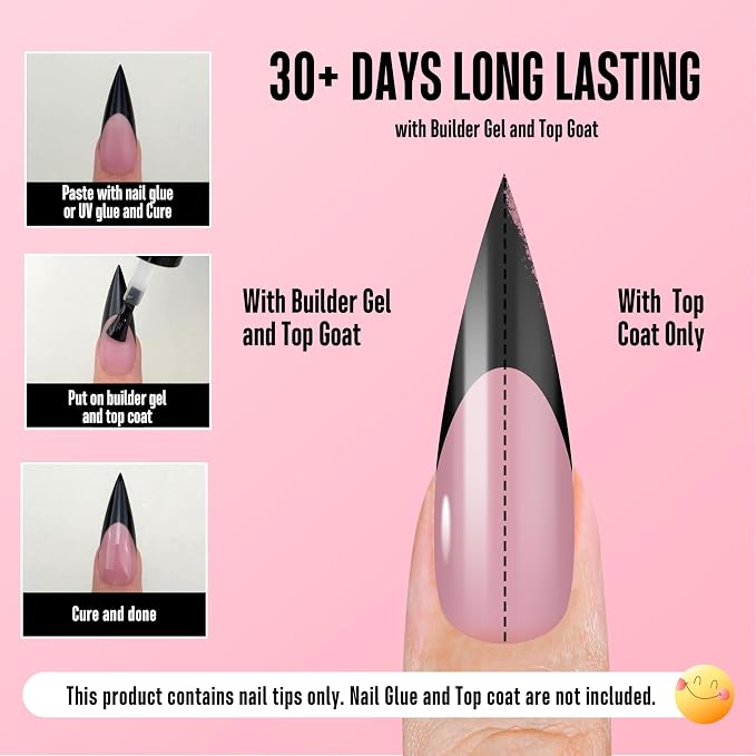 Long XL Sharp Stiletto Black French Tip Nail Tips Berry Pink