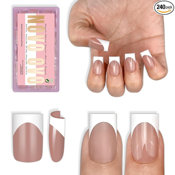 Short Sharp Square White French Tip Nail Tips Brown Pink 240