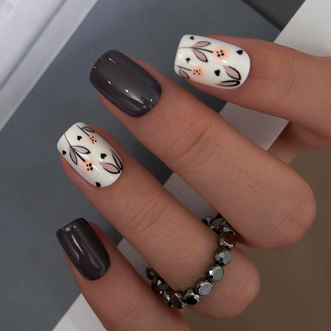 Short Square Floral Nails