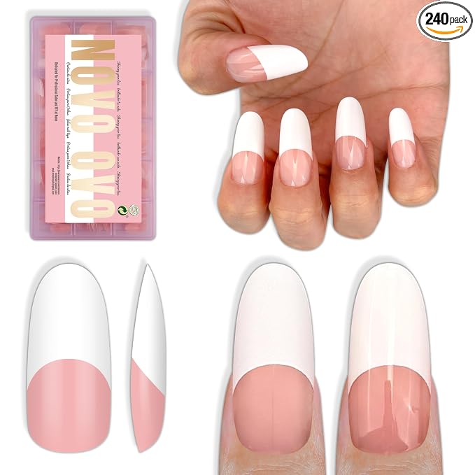 Medium/Long Oval Round Old School White French Tip Baby Pink 240