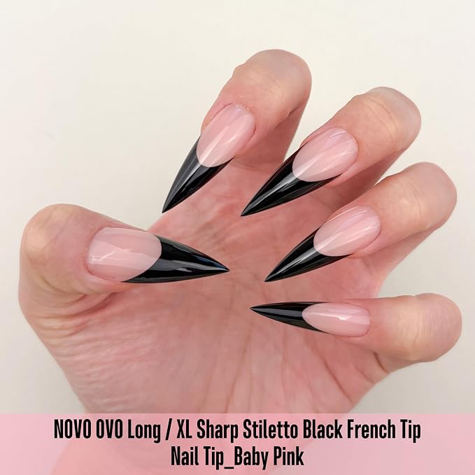 Long XL Sharp Stiletto Black French Tip Nail Tips Baby Pink