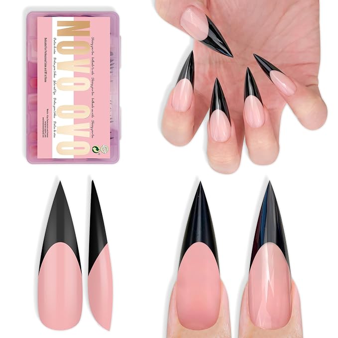 Long XL Sharp Stiletto Black French Tip Nail Tips Baby Pink