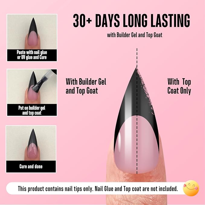 Medium or Long Black French Tip Sharp Stiletto Nail Tips Berry Pink