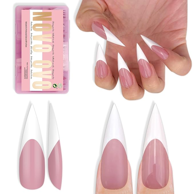 Long XL Sharp Stiletto White French Tip Nail Tips Berry Pink