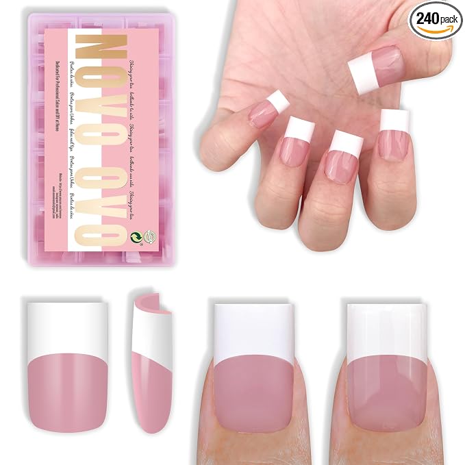 Short Sharp Square Nail Tips Wide White French Tip Berry Pink