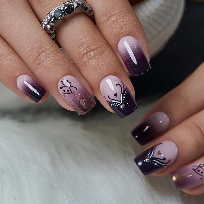 Romantic Purple Ombre with Rhinestones & Mini Black Hearts