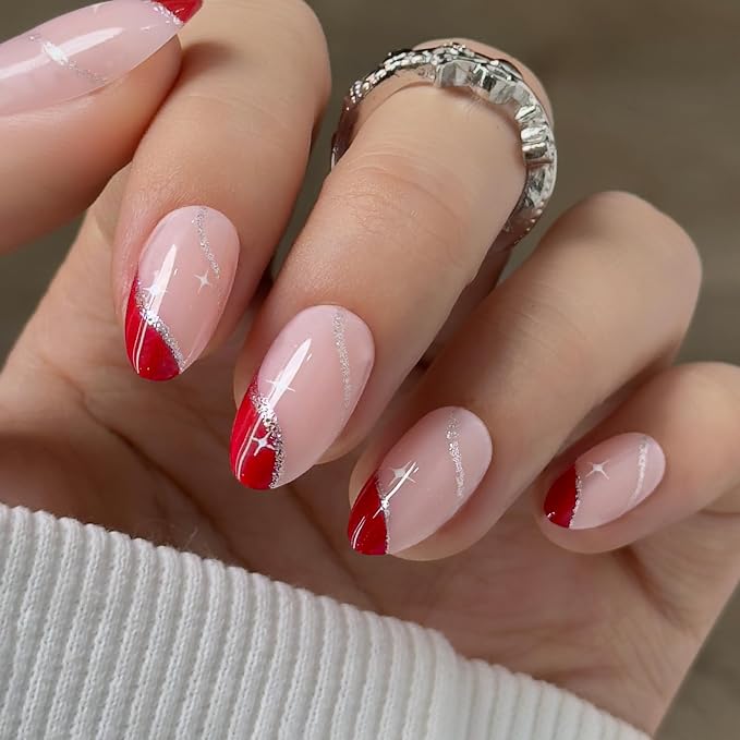 E9 - Red Matte French Nails with Glitter Stripes